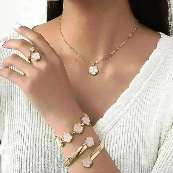 Pink Clover Five Jewelry Set: Gold over sterling silver with dainty pink clovers - Picture 1 of 3